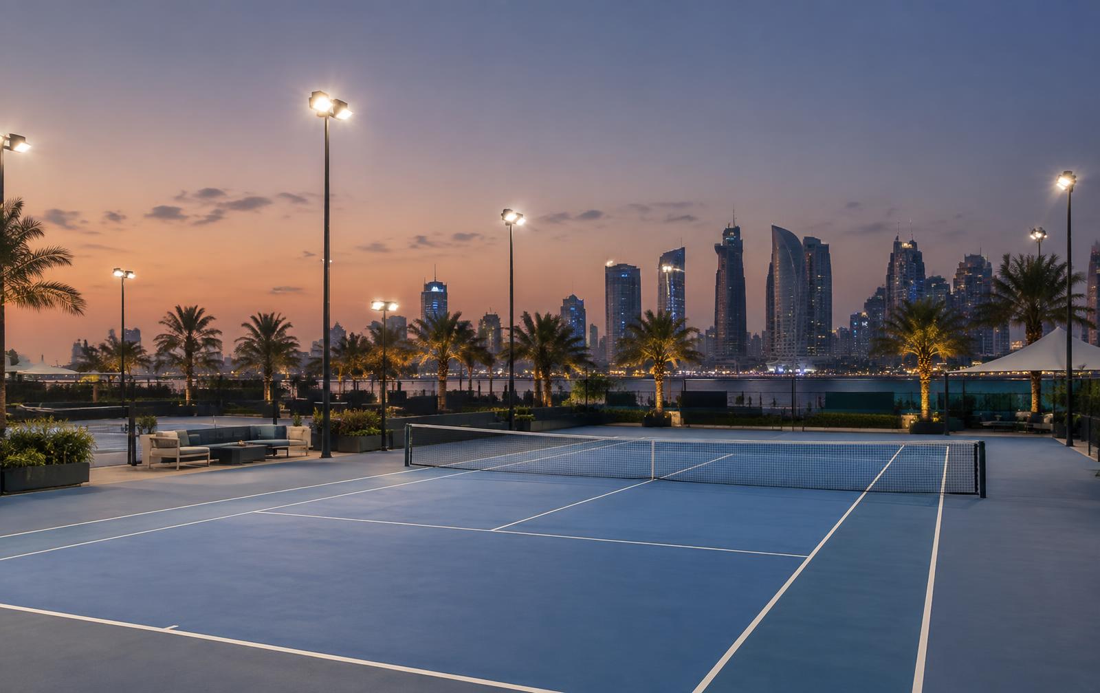 Hard tennis courts in Doha at dusk